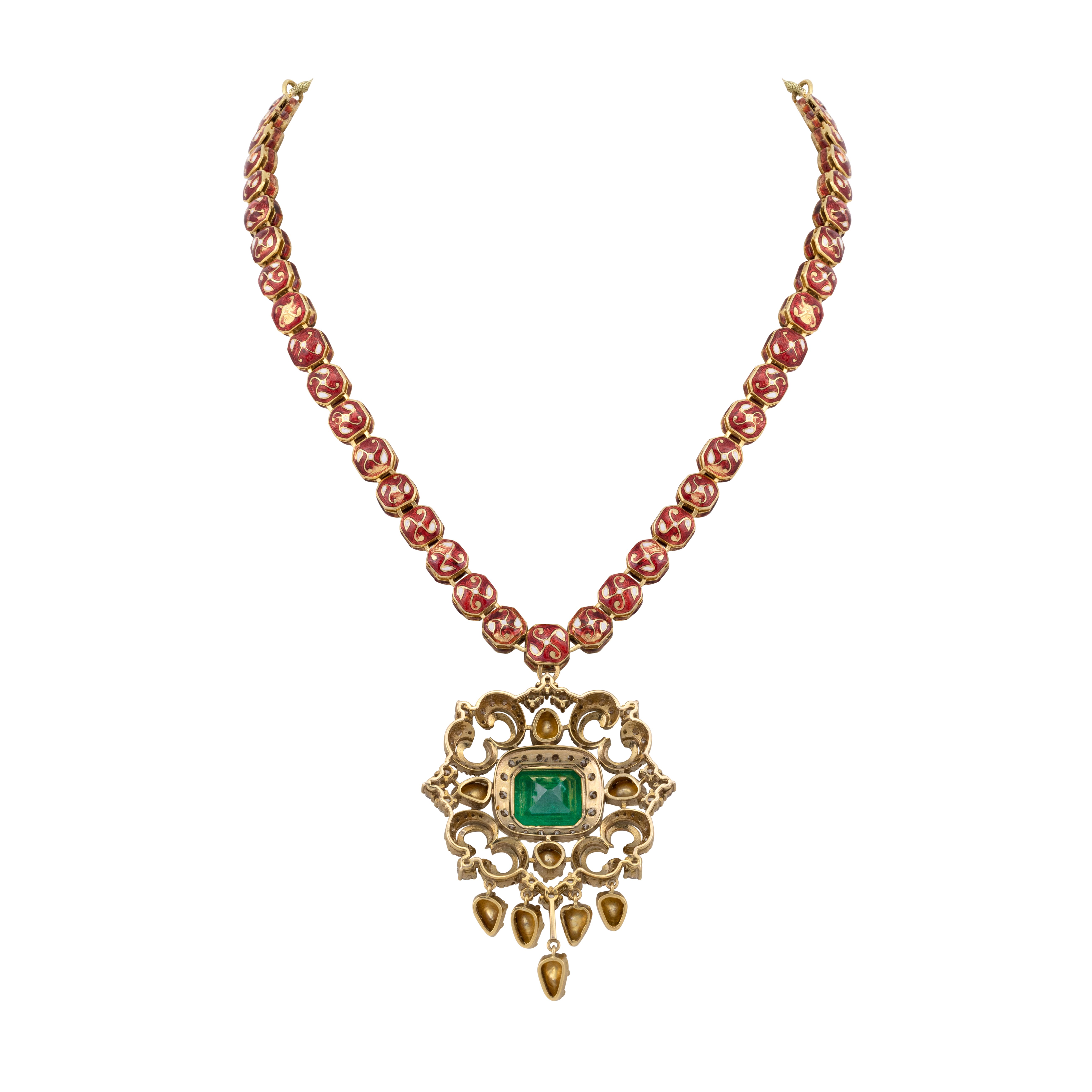 Victorian Pendant with Zambian Emerald and Polki Diamonds